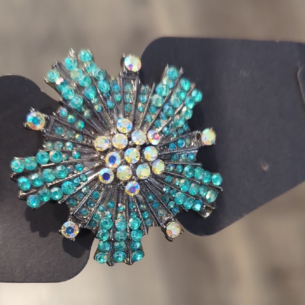 Elegant Brooch Rhinestone Floral Design   Silver and Blue Like New #1
